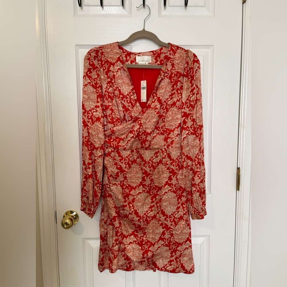 Anthropologie Red Floral Metallic Brocade Wrap Mini Dress NWT Size 6-Silk Blend